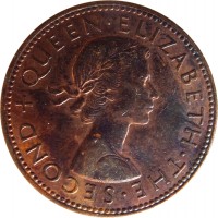 obverse of 1/2 Penny - Elizabeth II - 1'st Portrait (1953 - 1965) coin with KM# 23 from New Zealand. Inscription: + QUEEN · ELIZABETH · THE · SECOND