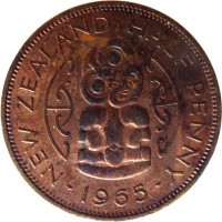New Zealand coin 1/2 Penny - Elizabeth II - 1'st Portrait (1953 - 1965) reverse reverse of 1/2 Penny - Elizabeth II - 1'st Portrait (1953 - 1965) coin with KM# 23 from New Zealand. Inscription: NEW ZEALAND HALF PENNY · 1965 ·
