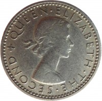 obverse of 6 Pence - Elizabeth II - 1'st Portrait (1953 - 1965) coin with KM# 26 from New Zealand. Inscription: + QUEEN · ELIZABETH · THE · SECOND
