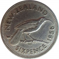 New Zealand coin 6 Pence - Elizabeth II - 1'st Portrait (1953 - 1965) reverse reverse of 6 Pence - Elizabeth II - 1'st Portrait (1953 - 1965) coin with KM# 26 from New Zealand. Inscription: NEW · ZEALAND SIXPENCE 1956