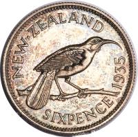 New Zealand coin 6 Pence - George V (1933 - 1936) reverse reverse of 6 Pence - George V (1933 - 1936) coin with KM# 2 from New Zealand. Inscription: NEW · ZEALAND SIXPENCE 1934