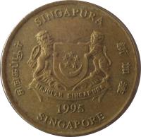 obverse of 5 Cents - Ribbon downwards (1992 - 2012) coin with KM# 99 from Singapore. Inscription: SINGAPURA 新加坡 SINGAPORE சிங்கப்பூர் MAJULAH SINGAPURA 2004