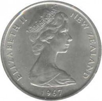 obverse of 5 Cents - Elizabeth II - 2'nd Portrait (1967 - 1985) coin with KM# 34 from New Zealand. Inscription: ELIZABETH II NEW ZEALAND 1968