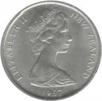New Zealand coin 5 Cents - Elizabeth II - 2'nd Portrait (1967 - 1985) obverse obverse of 5 Cents - Elizabeth II - 2'nd Portrait (1967 - 1985) coin with KM# 34 from New Zealand. Inscription: ELIZABETH II NEW ZEALAND 1968