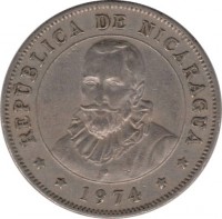 obverse of 50 Centavos (1939 - 1974) coin with KM# 19 from Nicaragua. Inscription: REPUBLICA DE NICARAGUA **1974**