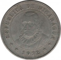 obverse of 1 Córdoba (1972) coin with KM# 26 from Nicaragua. Inscription: REPUBLICA DE NICARAGUA **1972**