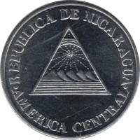 obverse of 50 Centavos (1994) coin with KM# 83 from Nicaragua. Inscription: REPUBLICA DE NICARAGUA AMERICA CENTRAL