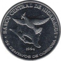 reverse of 50 Centavos (1994) coin with KM# 83 from Nicaragua. Inscription: BANCO CENTRAL DE NICARAGUA 1994 50 CENTAVOS DE CORDOBA