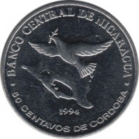 Nicaragua coin 50 Centavos (1994) reverse reverse of 50 Centavos (1994) coin with KM# 83 from Nicaragua. Inscription: BANCO CENTRAL DE NICARAGUA 1994 50 CENTAVOS DE CORDOBA