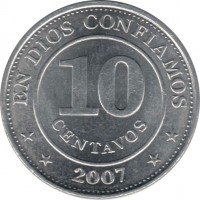 reverse of 10 Centavos (2007 - 2012) coin with KM# 105 from Nicaragua. Inscription: EN DIOS CONFIAMOS 10 CENTAVOS * * 2007 * *