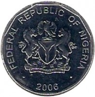 obverse of 50 Kobo (2006) coin with KM# 13.3 from Nigeria. Inscription: FEDERAL REPUBLIC OF NIGERIA UNITY AND FAITH, PEACE AND PROGRESS 2006