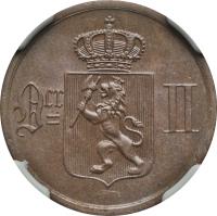 obverse of 2 Øre - Oscar II (1876 - 1902) coin with KM# 353 from Norway. Inscription: Ocr II