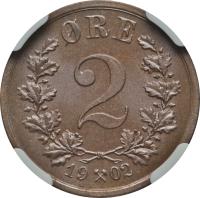 reverse of 2 Øre - Oscar II (1876 - 1902) coin with KM# 353 from Norway. Inscription: ØRE 2 1877