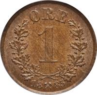 reverse of 1 Øre - Oscar II (1876 - 1906) coin with KM# 352 from Norway. Inscription: ØRE 1 18 85