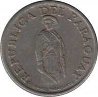 obverse of 1 Guaraní (1975 - 1976) coin with KM# 151 from Paraguay. Inscription: REPUBLICA DEL PARAGUAY SOLDADO PARAGUAYO