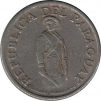 Paraguay coin 1 Guaraní (1975 - 1976) obverse obverse of 1 Guaraní (1975 - 1976) coin with KM# 151 from Paraguay. Inscription: REPUBLICA DEL PARAGUAY SOLDADO PARAGUAYO