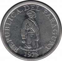 obverse of 1 Guaraní - FAO (1978 - 1988) coin with KM# 165 from Paraguay. Inscription: REPUBLICA DEL PARAGUAY SOLDADO PARAGUAYO 1978