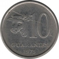 reverse of 10 Guaraníes (1975 - 1976) coin with KM# 153 from Paraguay. Inscription: 10 GUARANIES 1975