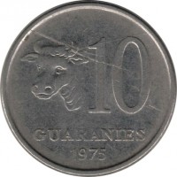 Paraguay coin 10 Guaraníes (1975 - 1976) reverse reverse of 10 Guaraníes (1975 - 1976) coin with KM# 153 from Paraguay. Inscription: 10 GUARANIES 1975
