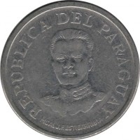 Paraguay coin 50 Guaraníes (1975) obverse obverse of 50 Guaraníes (1975) coin with KM# 154 from Paraguay. Inscription: REPUBLICA DEL PARAGUAY MCAL.J.F.ESTAGARRIBIA