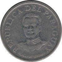 obverse of 50 Guaraníes (1975) coin with KM# 154 from Paraguay. Inscription: REPUBLICA DEL PARAGUAY MCAL.J.F.ESTAGARRIBIA