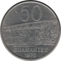 Paraguay coin 50 Guaraníes (1975) reverse reverse of 50 Guaraníes (1975) coin with KM# 154 from Paraguay. Inscription: 50 REPRESA AGARAY GUARANIES 1975