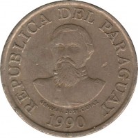 obverse of 100 Guaraníes (1990) coin with KM# 177 from Paraguay. Inscription: REPUBLICA DEL PARAGUAY GENERAL JOSE.E.DIAZ 1990