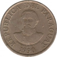Paraguay coin 100 Guaraníes (1990) obverse obverse of 100 Guaraníes (1990) coin with KM# 177 from Paraguay. Inscription: REPUBLICA DEL PARAGUAY GENERAL JOSE.E.DIAZ 1990