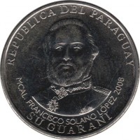 obverse of 1000 Guaraníes (2006 - 2008) coin with KM# 198 from Paraguay. Inscription: REPUBLICA DEL PARAGUAY MCAL. FRANCISCO SOLANO LOPEZ 2008 SU GUARANI