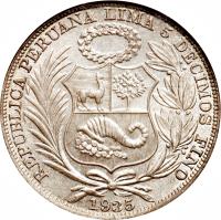 obverse of 1 Sol (1923 - 1935) coin with KM# 218 from Peru. Inscription: REPUBLICA PERUANA LIMA 5 DECIMOS FINO 1924