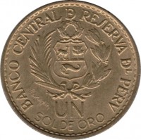 Peru coin 1 Sol de Oro - 400th anniversary of the Mint of Lima (1965) obverse obverse of 1 Sol de Oro - 400th anniversary of the Mint of Lima (1965) coin with KM# 240 from Peru. Inscription: BANCO CENTRAL DE RESERVA DEL PERV UN SOL DE ORO