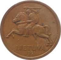 obverse of 20 Centų (1991) coin with KM# 89 from Lithuania. Inscription: LIETUVA 1991