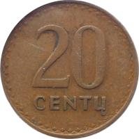 reverse of 20 Centų (1991) coin with KM# 89 from Lithuania. Inscription: 20 CENTŲ