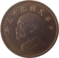 obverse of 1 Yuan (1981 - 2015) coin with Y# 551 from Taiwan. Inscription: 年六十八國民華中