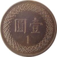 Taiwan coin 1 Yuan (1981 - 2015) reverse reverse of 1 Yuan (1981 - 2015) coin with Y# 551 from Taiwan. Inscription: 圓 壹 1