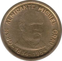 Peru coin 10 Soles de Oro - 150th anniversary of Miguel Grau (1984) obverse obverse of 10 Soles de Oro - 150th anniversary of Miguel Grau (1984) coin with KM# 287 from Peru. Inscription: GRAN ALMIRANTE MIGUEL GRAU - 1834-1984 -
