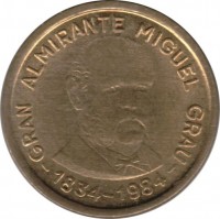 obverse of 10 Soles de Oro - 150th anniversary of Miguel Grau (1984) coin with KM# 287 from Peru. Inscription: GRAN ALMIRANTE MIGUEL GRAU - 1834-1984 -