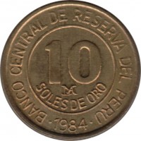 Peru coin 10 Soles de Oro - 150th anniversary of Miguel Grau (1984) reverse reverse of 10 Soles de Oro - 150th anniversary of Miguel Grau (1984) coin with KM# 287 from Peru. Inscription: BANCO CENTRAL DE RESERVA DEL PERU 10 SOLES DE ORO · 1984 ·