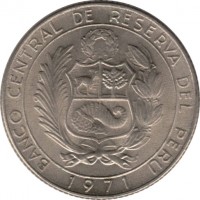 obverse of 5 Soles de Oro - 150th anniversary of independence (1971) coin with KM# 254 from Peru. Inscription: BANCO CENTRAL DE RESERVA DEL PERU 1971