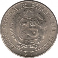 Peru coin 5 Soles de Oro - 150th anniversary of independence (1971) obverse obverse of 5 Soles de Oro - 150th anniversary of independence (1971) coin with KM# 254 from Peru. Inscription: BANCO CENTRAL DE RESERVA DEL PERU 1971