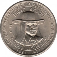 Peru coin 5 Soles de Oro - 150th anniversary of independence (1971) reverse reverse of 5 Soles de Oro - 150th anniversary of independence (1971) coin with KM# 254 from Peru. Inscription: SESQUICENTENARIO DE LA INDEPENDENCIA DEL PERU TUPAC AMARU 5 PAREJA CINCO SOLES DE ORO 1821 - 1971
