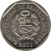 obverse of 1 Nuevo Sol - Wealth and pride of Peru: Gran Pajatén (2011) coin with KM# 361 from Peru. Inscription: BANCO CENTRAL DE RESERVA DEL PERU 2011