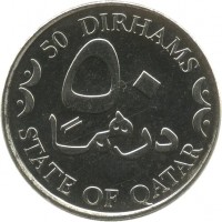 Qatar coin 50 Dirhams - Hamad bin Khalifa Al Thani - Magnetic (2008 - 2012) reverse reverse of 50 Dirhams - Hamad bin Khalifa Al Thani - Magnetic (2008 - 2012) coin with KM# 15a from Qatar. Inscription: 50 DIRHAMS ٥٠ درهما STATE OF QATAR