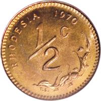 reverse of 1/2 Cent (1970 - 1977) coin with KM# 9 from Rhodesia. Inscription: RHODESIA 1970 1 c 2