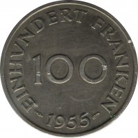 Saarland coin 100 Franken (1955) reverse reverse of 100 Franken (1955) coin with KM# 4 from Saarland. Inscription: EINHUNDERT FRANKEN 100 1955
