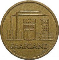 Saarland coin 50 Franken (1954) obverse obverse of 50 Franken (1954) coin with KM# 3 from Saarland. Inscription: SAARLAND