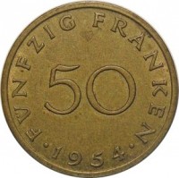 Saarland coin 50 Franken (1954) reverse reverse of 50 Franken (1954) coin with KM# 3 from Saarland. Inscription: FÜNFZIG FRANKEN 50 · 1954 ·