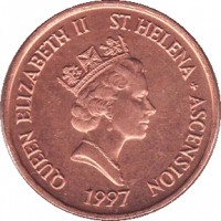 obverse of 1 Penny - Elizabeth II - 3'rd Portrait (1997 - 2006) coin with KM# 13a from Saint Helena and Ascension. Inscription: QUEEN ELIZABETH II ST .HELENA + ASCENSION RDM 1997