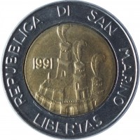 obverse of 500 Lire - Terra Ospitale 1944 (1991) coin with KM# 269 from San Marino. Inscription: REPUBLICA DI SAN MARINO 1991 LIBERTAS