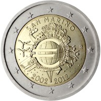 obverse of 2 Euro - 10 Years of Euro Cash (2012) coin with KM# 519 from San Marino. Inscription: San Marino A.H. · 2002 2012